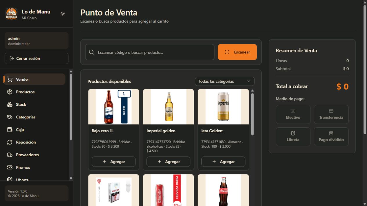 Punto de venta real de Lo de Manu: catálogo de productos y resumen de venta.