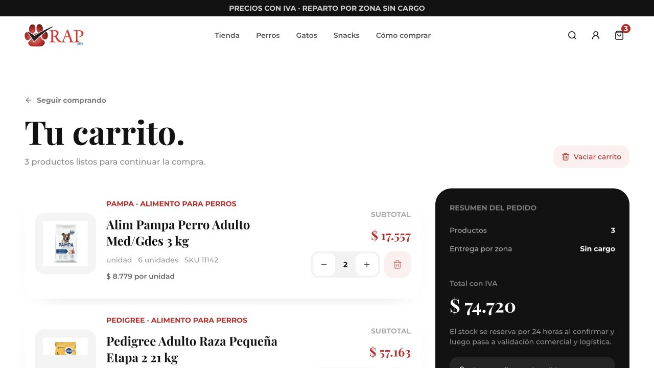 Carrito real de RAP: productos, cantidades y resumen del pedido mayorista.